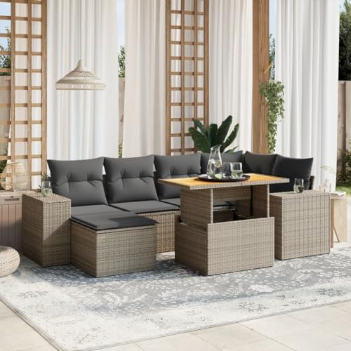 EMYRLXQW Outdoor Möbel Sets - 7-teiliges Gartensofa-Set mit Kissen grau Poly Rattan von EMYRLXQW