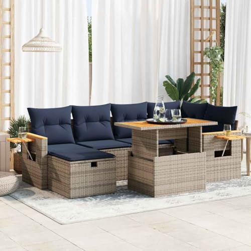 EMYRLXQW Outdoor Möbel Sets - 7-teiliges Gartensofa-Set mit Kissen schwarz Poly Rattan Akazie von EMYRLXQW