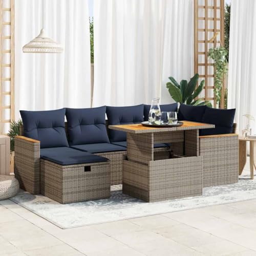 EMYRLXQW Outdoor Möbel Sets - 7-teiliges Gartensofa-Set mit Kissen schwarz Poly Rattan Akazie von EMYRLXQW