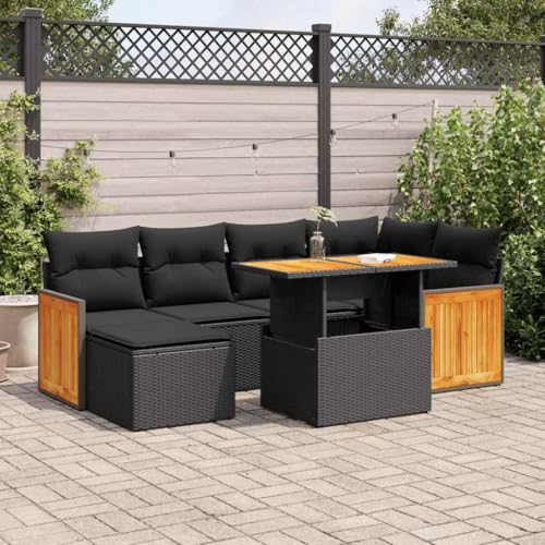 EMYRLXQW Outdoor Möbel Sets - 7-teiliges Gartensofa-Set mit Kissen schwarz Poly Rattan Akazie von EMYRLXQW