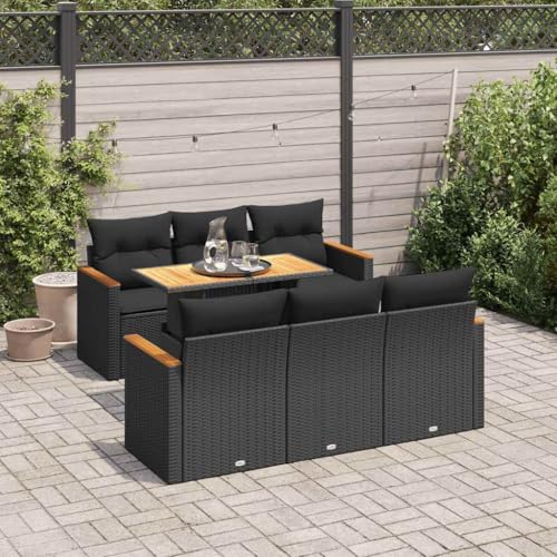 EMYRLXQW Outdoor Möbel Sets - 7-teiliges Gartensofa-Set mit Kissen schwarz Poly Rattan Akazie von EMYRLXQW