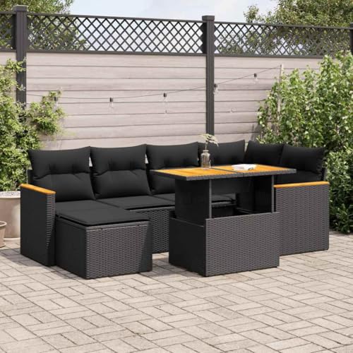 EMYRLXQW Outdoor Möbel Sets - 7-teiliges Gartensofa-Set mit Kissen schwarz Poly Rattan Akazie von EMYRLXQW
