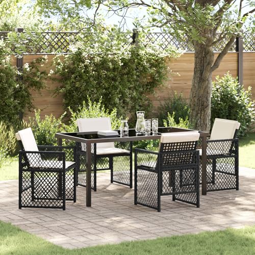 EMYRLXQW Outdoor Outdoor Tische - 5-teiliges Garten-Ess-Set mit Kissen, schwarzes Polyrattan von EMYRLXQW
