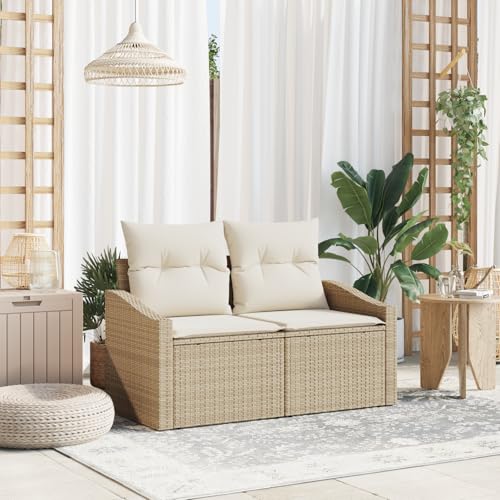 EMYRLXQW Outdoor-Sitz, Outdoor-Sofas, 2-Sitzer-Gartensofa mit Stauraum und Kissen, Beige, Polyrattan von EMYRLXQW