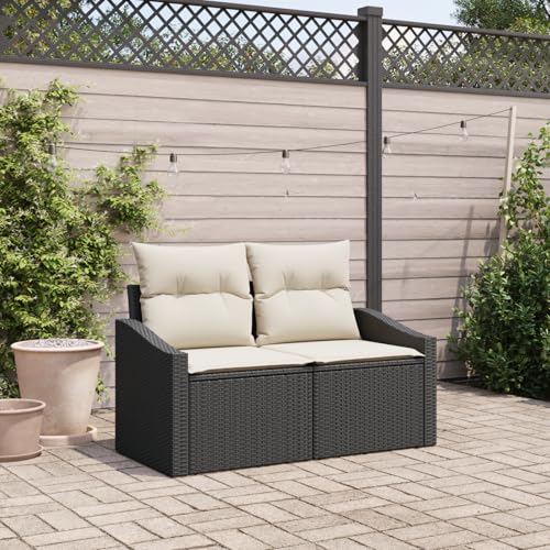 EMYRLXQW Outdoor-Sitzgelegenheit, Outdoor-Sofas, 2-Sitzer-Gartensofa mit Kissen, schwarzes Polyrattan von EMYRLXQW