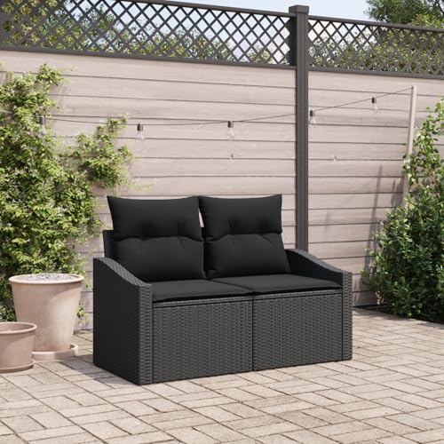 EMYRLXQW Outdoor-Sitzgelegenheit, Outdoor-Sofas, 2-Sitzer-Gartensofa mit Kissen, schwarzes Polyrattan von EMYRLXQW