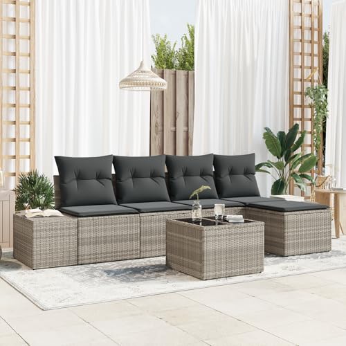 EMYRLXQW Outdoor-Sitzgelegenheit, Outdoor-Sofas, 6-teiliges Gartensofa-Set mit Kissen, graues Polyrattan von EMYRLXQW