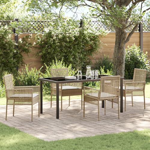 EMYRLXQW Outdoor-Sitzgelegenheit, Outdoor-Stühle, 5-teiliges Garten-Ess-Set mit Kissen, Poly-Rattan, Beige von EMYRLXQW