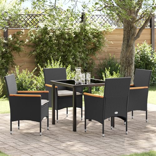 EMYRLXQW Outdoor-Sitzgelegenheit, Outdoor-Stühle, 5-teiliges Garten-Esszimmer-Set mit Kissen aus schwarzem Polyrattan von EMYRLXQW