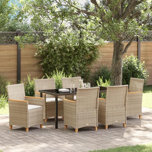 EMYRLXQW Outdoor-Sitzgelegenheit, Outdoor-Stühle, 7-teiliges Garten-Ess-Set mit Kissen, Poly-Rattan, Beige von EMYRLXQW