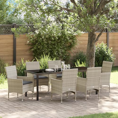 EMYRLXQW Outdoor-Sitzgelegenheit, Outdoor-Stühle, 7-teiliges Garten-Ess-Set mit Kissen, hellgraues Polyrattan von EMYRLXQW