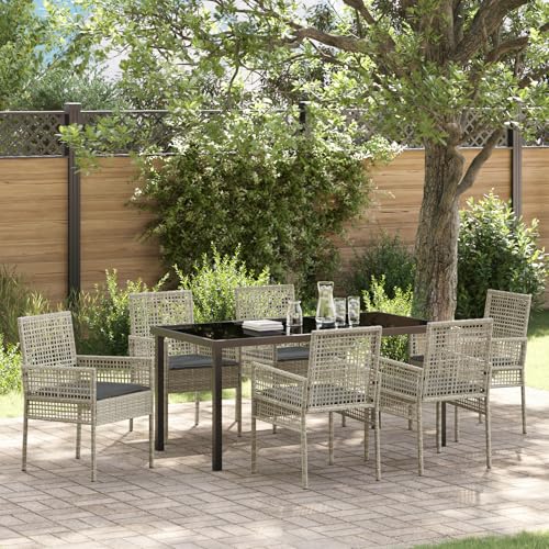 EMYRLXQW Outdoor-Sitzgelegenheit, Outdoor-Stühle, 7-teiliges Garten-Ess-Set mit Kissen, hellgraues Polyrattan von EMYRLXQW