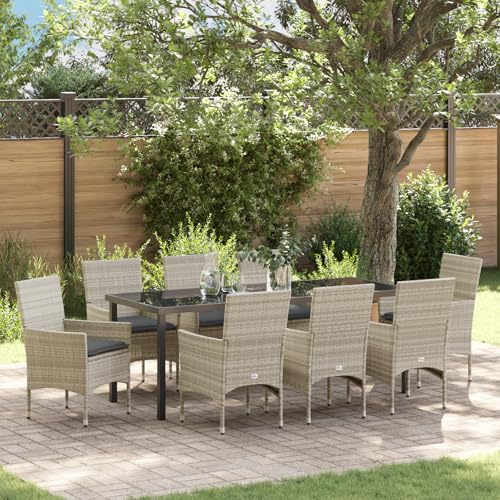 EMYRLXQW Outdoor-Sitzgelegenheit, Outdoor-Stühle, 9-teiliges Garten-Ess-Set mit Kissen, hellgraues Polyrattan von EMYRLXQW