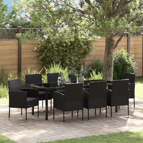 EMYRLXQW Outdoor-Sitzgelegenheit, Outdoor-Stühle, 9-teiliges Garten-Ess-Set mit Kissen, schwarzes Polyrattan von EMYRLXQW