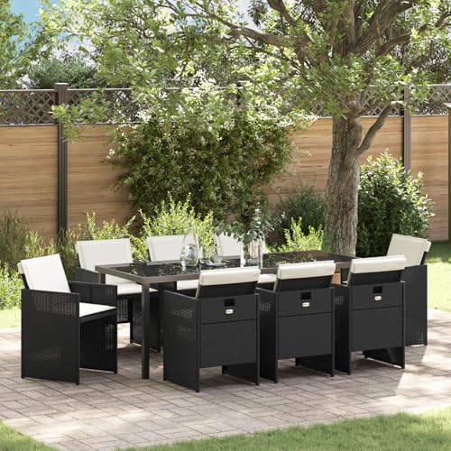 EMYRLXQW Outdoor-Sitzgelegenheit, Outdoor-Stühle, 9-teiliges Garten-Ess-Set mit Kissen, schwarzes Polyrattan von EMYRLXQW