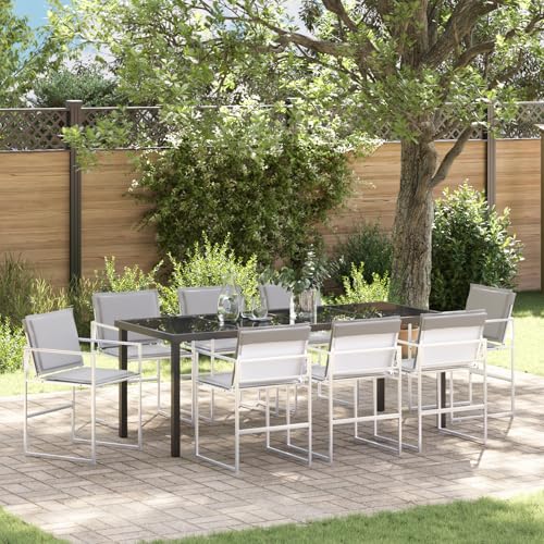 EMYRLXQW Outdoor-Sitzgelegenheit, Outdoor-Stühle, 9-teiliges Garten-Ess-Set mit Kissen, weißes Textilene und Stahl von EMYRLXQW