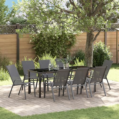 EMYRLXQW Outdoor-Sitzgelegenheit, Outdoor-Stühle, 9-teiliges Garten-Esszimmer-Set, graues Textilene und Stahl von EMYRLXQW