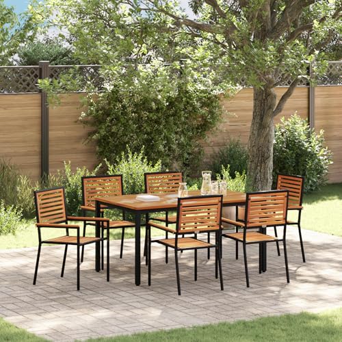 EMYRLXQW Outdoor-Sitzgelegenheiten, Outdoor-Stühle, 7-teiliges Garten-Esszimmer-Set, Poly-Rattan-Akazie, Schwarz von EMYRLXQW