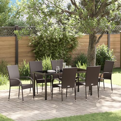 EMYRLXQW Outdoor-Sitzgelegenheiten, Stühle für den Außenbereich, 7-teiliges Garten-Esszimmer-Set, braunes Polyrattan von EMYRLXQW