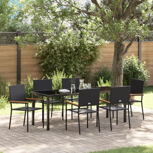 EMYRLXQW Outdoor-Sitzgelegenheiten, Stühle für den Außenbereich, 7-teiliges Garten-Esszimmer-Set, schwarzes Polyrattan von EMYRLXQW