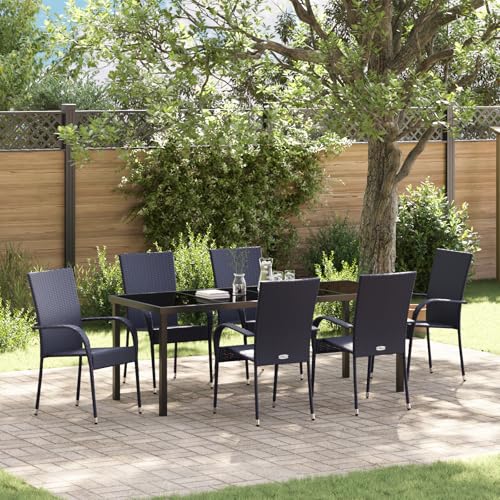 EMYRLXQW Outdoor-Sitzgelegenheiten, Stühle für den Außenbereich, 7-teiliges Garten-Esszimmer-Set, schwarzes Polyrattan von EMYRLXQW