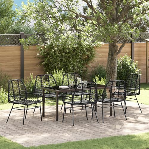 EMYRLXQW Outdoor-Sitzgelegenheiten, Stühle für den Außenbereich, 7-teiliges Garten-Esszimmer-Set, schwarzes Polyrattan von EMYRLXQW