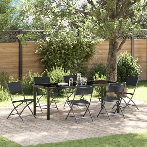 EMYRLXQW Outdoor-Sitzgelegenheiten, Stühle für den Außenbereich, 7-teiliges Garten-Esszimmer-Set, schwarzes Textilene und Stahl von EMYRLXQW