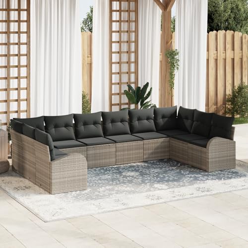 EMYRLXQW Outdoor-Sitzgruppe, Outdoor-Sofas, 10-teiliges Gartensofa-Set mit Kissen, hellgrau, Polyrattan von EMYRLXQW