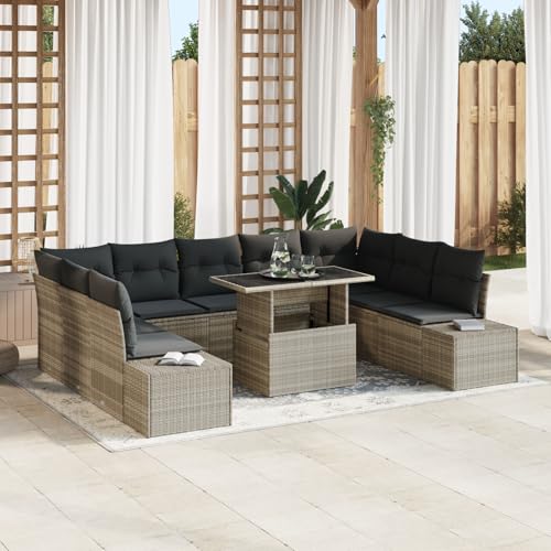 EMYRLXQW Outdoor-Sitzgruppe, Outdoor-Sofas, 10-teiliges Gartensofa-Set mit Kissen, hellgrau, Polyrattan von EMYRLXQW