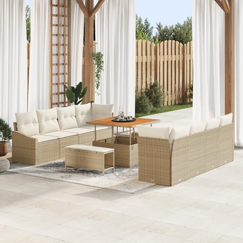 EMYRLXQW Outdoor-Sitzgruppe, Outdoor-Sofas, 11-teiliges Gartensofa-Set mit Kissen, Poly-Rattan-Akazie, Beige von EMYRLXQW