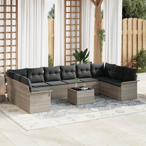 EMYRLXQW Outdoor-Sitzgruppe, Outdoor-Sofas, 11-teiliges Gartensofa-Set mit Kissen, graues Polyrattan von EMYRLXQW