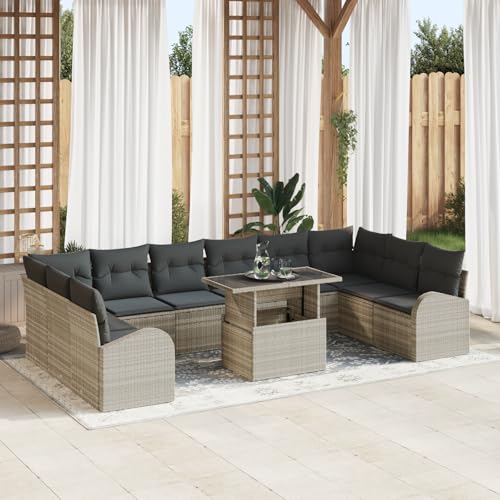 EMYRLXQW Outdoor-Sitzgruppe, Outdoor-Sofas, 11-teiliges Gartensofa-Set mit Kissen, hellgrau, Polyrattan von EMYRLXQW