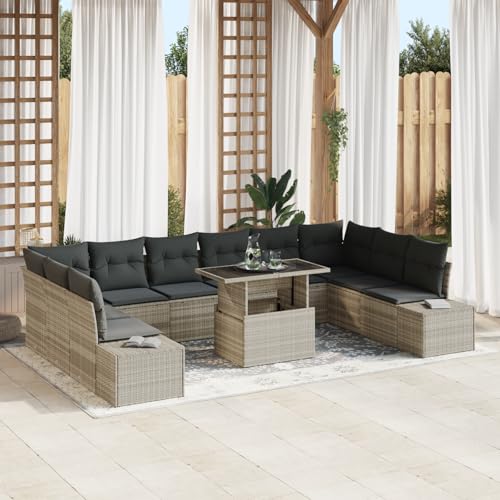 EMYRLXQW Outdoor-Sitzgruppe, Outdoor-Sofas, 11-teiliges Gartensofa-Set mit Kissen, hellgrau, Polyrattan von EMYRLXQW