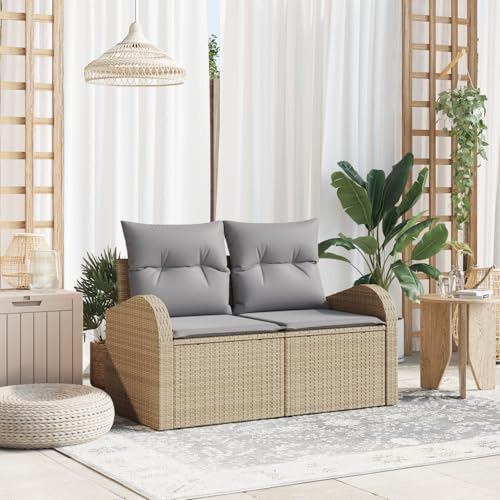 EMYRLXQW Outdoor-Sitzgruppe, Outdoor-Sofas, 2-Sitzer-Gartensofa mit Stauraum und Kissen, Beige, Polyrattan von EMYRLXQW