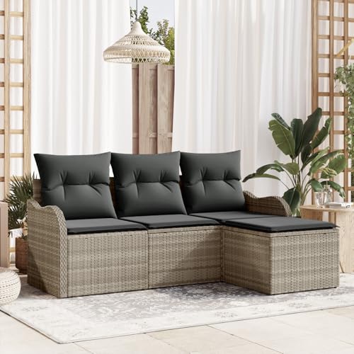 EMYRLXQW Outdoor-Sitzgruppe, Outdoor-Sofas, 4-teiliges Gartensofa-Set mit Kissen, hellgrau, Polyrattan von EMYRLXQW