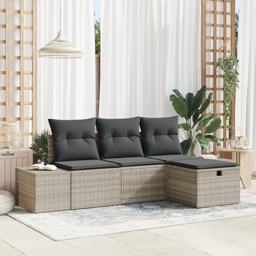 EMYRLXQW Outdoor-Sitzgruppe, Outdoor-Sofas, 4-teiliges Gartensofa-Set mit Kissen, hellgrau, Polyrattan von EMYRLXQW