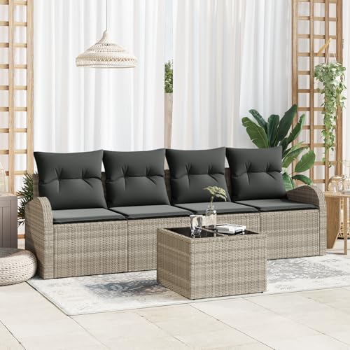 EMYRLXQW Outdoor-Sitzgruppe, Outdoor-Sofas, 5-teiliges Gartensofa-Set mit Kissen, hellgrau, Polyrattan von EMYRLXQW