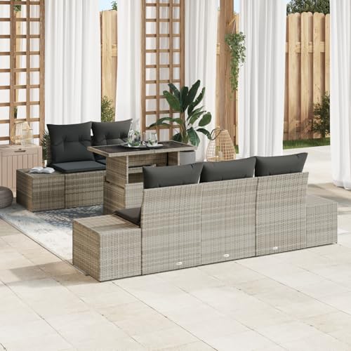 EMYRLXQW Outdoor-Sitzgruppe, Outdoor-Sofas, 6-teiliges Gartensofa-Set mit Kissen, hellgrau, Polyrattan von EMYRLXQW