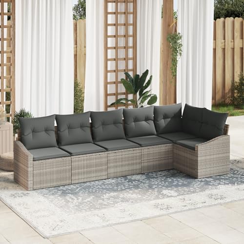 EMYRLXQW Outdoor-Sitzgruppe, Outdoor-Sofas, 6-teiliges Gartensofa-Set mit Kissen, hellgrau, Polyrattan von EMYRLXQW