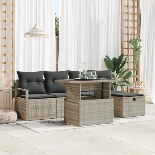 EMYRLXQW Outdoor-Sitzgruppe, Outdoor-Sofas, 6-teiliges Gartensofa-Set mit Kissen, hellgrau, Polyrattan von EMYRLXQW
