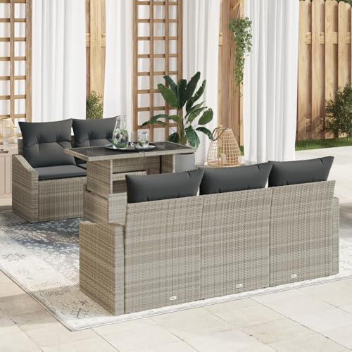 EMYRLXQW Outdoor-Sitzgruppe, Outdoor-Sofas, 6-teiliges Gartensofa-Set mit Kissen, hellgrau, Polyrattan von EMYRLXQW