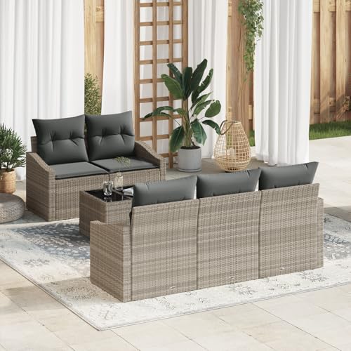 EMYRLXQW Outdoor-Sitzgruppe, Outdoor-Sofas, 6-teiliges Gartensofa-Set mit Kissen, hellgraues Rattan von EMYRLXQW