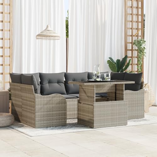 EMYRLXQW Outdoor-Sitzgruppe, Outdoor-Sofas, 7-teiliges Gartensofa-Set mit Kissen, hellgrau, Polyrattan von EMYRLXQW