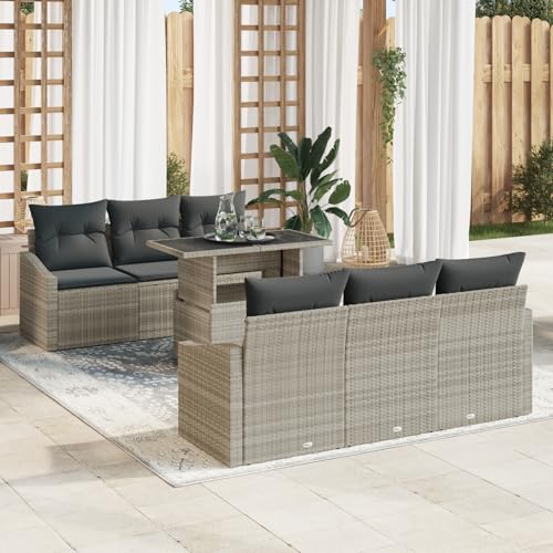 EMYRLXQW Outdoor-Sitzgruppe, Outdoor-Sofas, 7-teiliges Gartensofa-Set mit Kissen, hellgrau, Polyrattan von EMYRLXQW