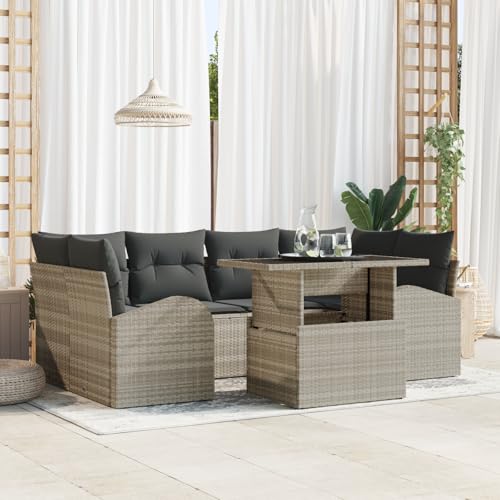 EMYRLXQW Outdoor-Sitzgruppe, Outdoor-Sofas, 7-teiliges Gartensofa-Set mit Kissen, hellgrau, Polyrattan von EMYRLXQW