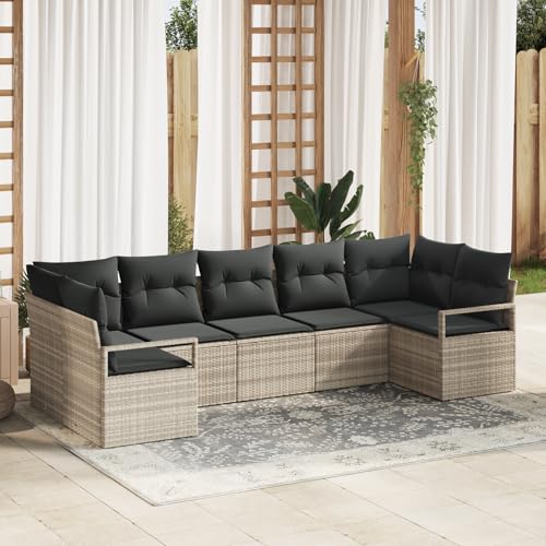EMYRLXQW Outdoor-Sitzgruppe, Outdoor-Sofas, 7-teiliges Gartensofa-Set mit Kissen, hellgrau, Polyrattan von EMYRLXQW