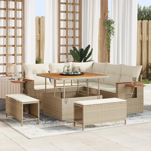 EMYRLXQW Outdoor-Sitzgruppe, Outdoor-Sofas, 8-teiliges Gartensofa-Set mit Kissen, Poly-Rattan-Akazie, Beige von EMYRLXQW