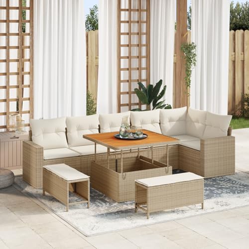 EMYRLXQW Outdoor-Sitzgruppe, Outdoor-Sofas, 9-teiliges Gartensofa-Set mit Kissen, Poly-Rattan-Akazie, Beige EMYRLXQW Outdoor-Sitzgruppe, Outdoor-Sofas, 9-teiliges Gartensofa-Set mit Kissen, Poly-Rattan-Akazie, Beige von EMYRLXQW