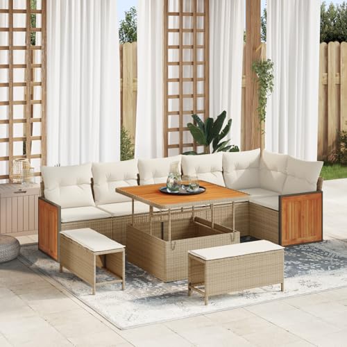 EMYRLXQW Outdoor-Sitzgruppe, Outdoor-Sofas, 9-teiliges Gartensofa-Set mit Kissen, Poly-Rattan-Akazie, Beige EMYRLXQW Outdoor-Sitzgruppe, Outdoor-Sofas, 9-teiliges Gartensofa-Set mit Kissen, Poly-Rattan-Akazie, Beige von EMYRLXQW