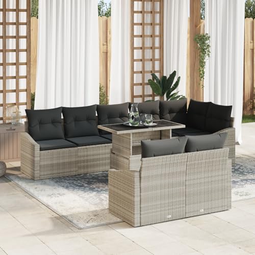 EMYRLXQW Outdoor-Sitzgruppe, Outdoor-Sofas, 9-teiliges Gartensofa-Set mit Kissen, hellgrau, Polyrattan von EMYRLXQW